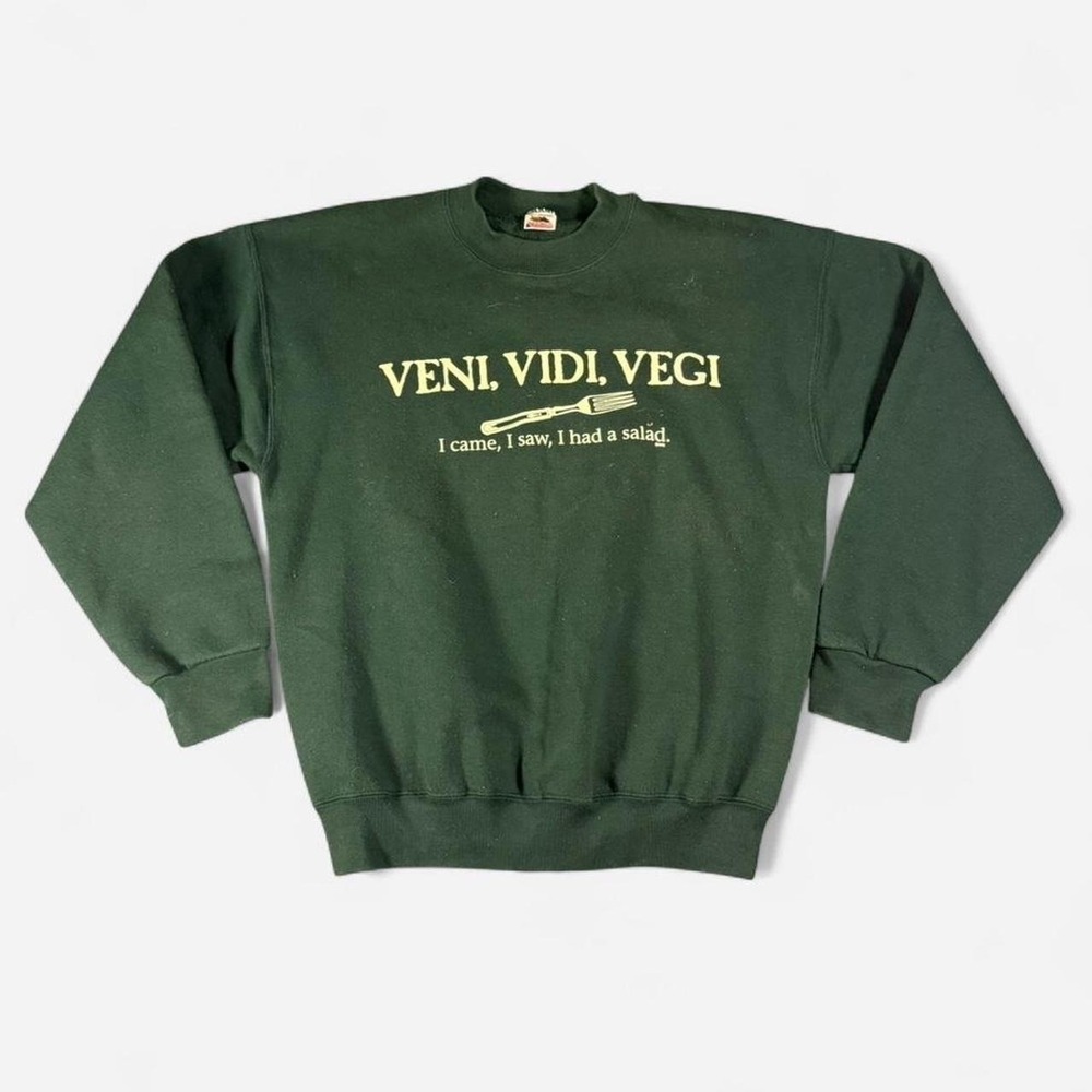 Vintage Veni Vidi Vegi‎ Fruit of the Loom Dark Green Pullover Size L USA